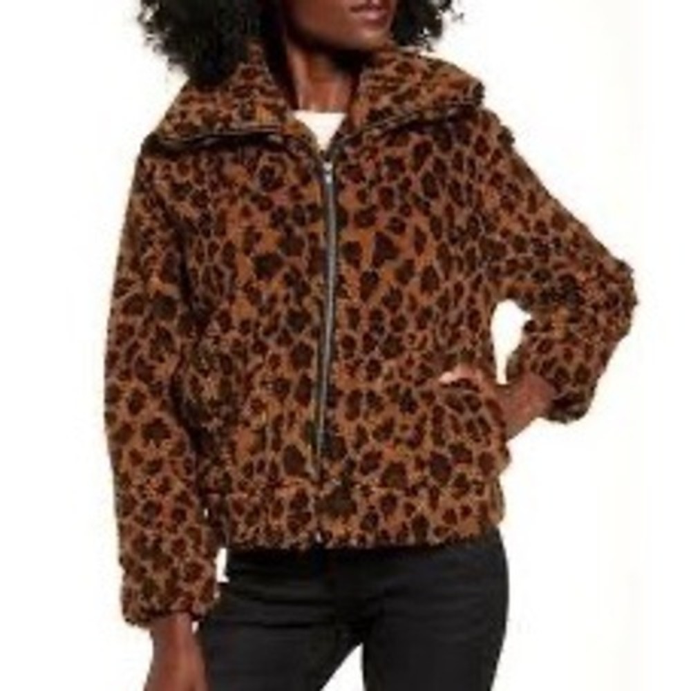 BB Dakota Leopard Print Faux‎ Fur Cozy Zip Up Jacket XS